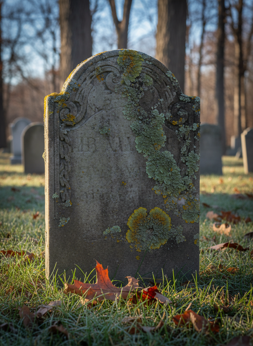 A dignified, photographic close-up of an old gravestone in the Van Voorhis Cemetery, representing the resting place of Abraham F. Van Voorhis, captured without legible text. The stone is upright and slightly worn, with softened edges, faint carvings, and patches of moss and lichen. Dew-covered grass surrounds the base, and a few fallen oak leaves rest nearby. Early morning light creates a cool, gentle illumination, with a subtle rim of brightness along one side of the stone and a soft shadow stretching across the ground. The background of additional blurred headstones and trees provides context. Framed tightly at eye level with a shallow depth of field, the atmosphere is solemn, respectful, and historically grounded, ideal for a family memorial page.